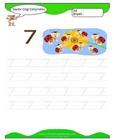 7 Rakamı Çizgi Çalışmaları Çalışma Sayfaları